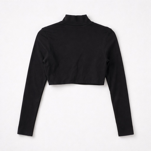 Naked Wardrobe Black Crop Top Mock Neck Long Sleeve Bodycon Basic Size Medium - Picture 2 of 7
